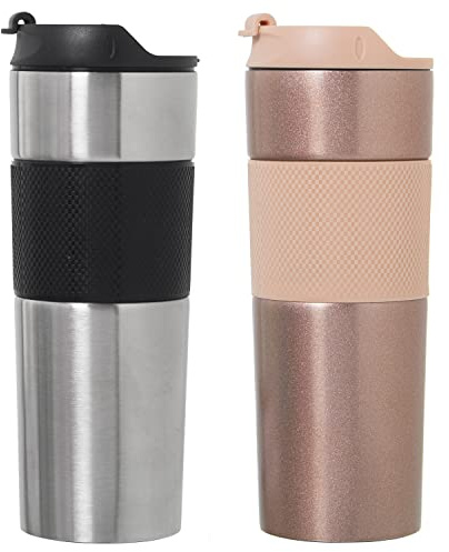 DRW Set di 6 Caffettiera Pressa in Acciaio Inossidabile e Silicone in Nero, Cromo e Rosa 8 x 22 cm