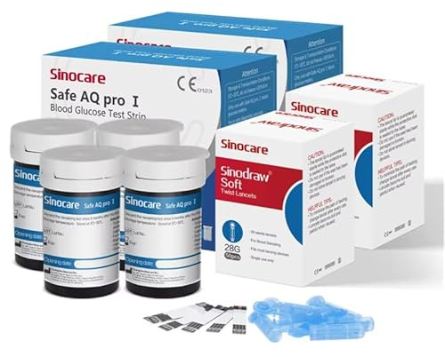 Sinocare strisce glicemia Solo per Glucometro Safe AQ Pro I, Strisce Reattive per la Misurazione della Glicemia Elettrodo d'argento di Precisione Aggiornato, 100 Pcs con 100 Lancettes