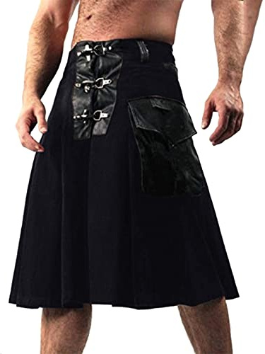 Guerrier médiéval Kilt Mode Vintage Gothique Punk Jupe en cuir Patchwork Pocket Knight Rock Traditionnel Kilt Rock Utilitaire Homme Classique Rétro Jupe, Noir , M