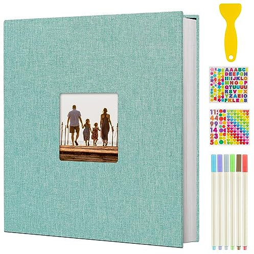 AIOR Album Foto Autoadesivo Lino Album Fotografico Scrapbook 40 Pagina, Fai da Te Memories Album Portafoto, Regalo Compleanno Regali Anniversario di Matrimonio (Turchese)