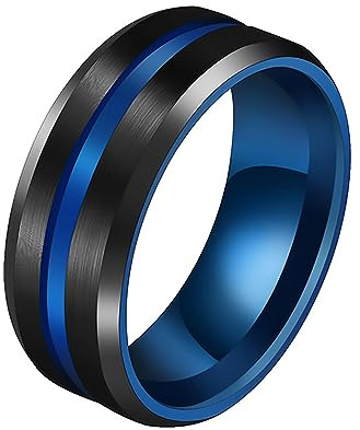 JewelryWe Ring herr rostfritt stål borstat: 8 mm bred rostfritt stål herrring blå spår, svart borstad yta män vigselringar band med gravyr för löften, förlovning, bröllop, storlek 59