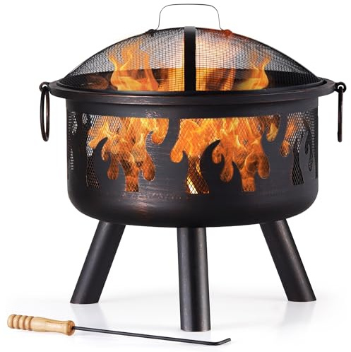 Vonhaus Brasero pour Jardin, Terrasse et Extérieur – Portable et léger, en Acier Bronze Noir avec décor Flamme. Inclut tisonnier, Grille de sécurité et poignées, Bois ou Charbon.