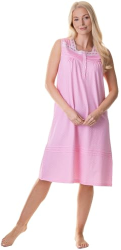Camille 100% Cotton Sleeveless Women's Nightie | Below Knee Length Nightdress | Comfortable & Breathable Traditional Nighty With Button Fastening | Classic Nightwear | Pink 18-20