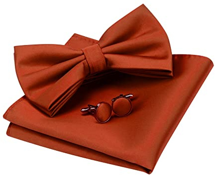 Gusleson Mens Rust Wedding Bow tie Double Fold Pre-tied Bowtie and Pocket Square Cufflink Set (UK0570-33)