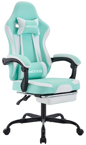 WOTSTA Racing spelstol, spelstol, infällbar fotstöd, spelstol med ländryggsmassage, bekväm ergonomisk kontorsstol, 135° lutande ryggstöd, belastning 120 kg