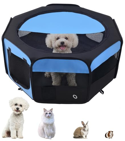 PawHut 600D Oxford Soft Fabric Kennel, Portable Lightweight Cat Dog Playpen, Foldable Pet Puppy Rabbit Guinea Pig Pen Run Dia 90 x 41H cm Indoor & Outdoor Blue