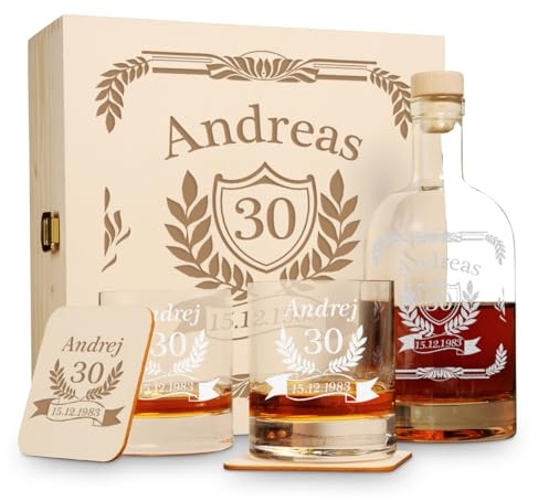 polar-effekt 6 TLG Geschenk-Set in Holzkiste mit Gravur - 2 Whiskygläser, 2 Untersetzer und Whisky-Karaffe in Geschenk-Box - Personalisiert zum Geburtstag - Motiv Jubiläum