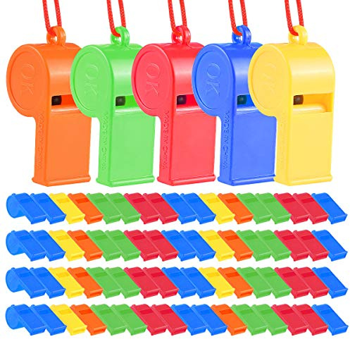 WSYUB 72Pcs Plastic Whistles, Bulk Whistles, Training Sports Whistles with Lanyard, Loud Toys Whistles for Kids Christmas Birthday Party Goody Bag Fillers Games Survival Emergency, 5 Brilliant Colors