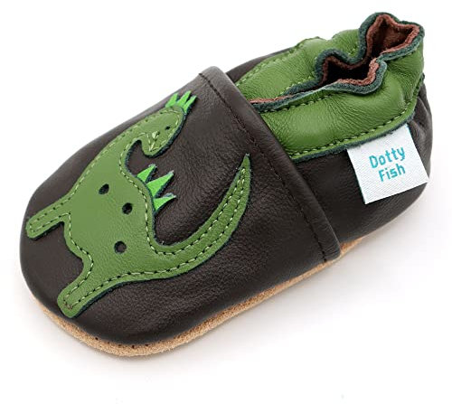 Dotty Fish Krabbelschuhe aus Leder – rutschfeste, weiche Sohle, Barfußgefühl, Lauflernschuhe & Babyschuhe für Jungen und Mädchen. Braune und grüne Dinosaurier. 4-5 Jahre (28 EU)