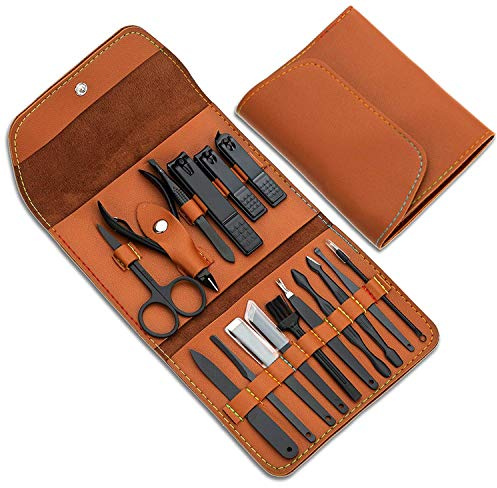 Gifts for Men/Women, Stainless Steel Manicure Set with PU leather case, Personal care tool (brown)