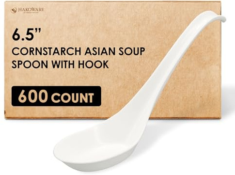 [600 COUNT] HAKOWARE Disposable Asian Soup Spoons with Hook, Plastic-Free Heavy Duty Spoons, made from Crystalized Cornstarch, for Take-out Ramen Pho Noodles