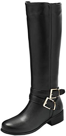 Birdsight Mode Boots Longue Genou Femme Bottes Mi-Mollet Talon Plat Bloc Carrés Boucle Zip Chaussures Eclair Chaud Winter Bootie Knee High Élégant（Noir，45）