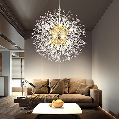 Yiisem Modern Gold Crystal Chandeliers, 16-Light Dandelion Firework Pendant Lighting, Hanging Chandelier Light Fixtures for Dining Room Bedroom Living Room Kitchen Island