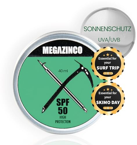 MEGAZINCO Grün – SPF50, mineralisch und 100% NATÜRLICH. Sonnencreme/-paste mit hohem Schutz für Surfer, Segler, Bergsteiger, Skifahrer, Snowboarder, Triathleten, Schwimmer. SURF SONNENCREME - 40 ml