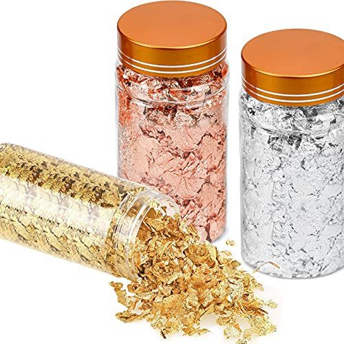 Julyee Goldfolienflocken, 3 Flaschen, Goldflocken, für Formen aus Kunstharz, Kunst, Malerei, Handwerk, Dekorationen – Gold, Silber, Roségold