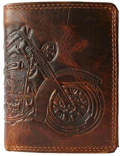 Fregery ® große Geldbörse aus Leder für Herren Männer RFID-Schutz mit Münzfach und Prägung Echtleder Geldbeutel Portemonnaie (braun Motorrad, Motorcycle, Motorbike, Motors) (Hochformat)