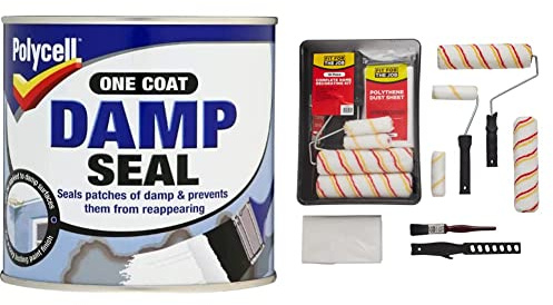 Polycell PLCDS500 Damp Seal, 500 ml & Fit For The Job 10pcs Home Decorating Kit Paint Rollers & Tray Set with Paint Brush,Dust Sheet,Stirrer - Roller Sets For Painting Walls & Ceilings With Emulsion