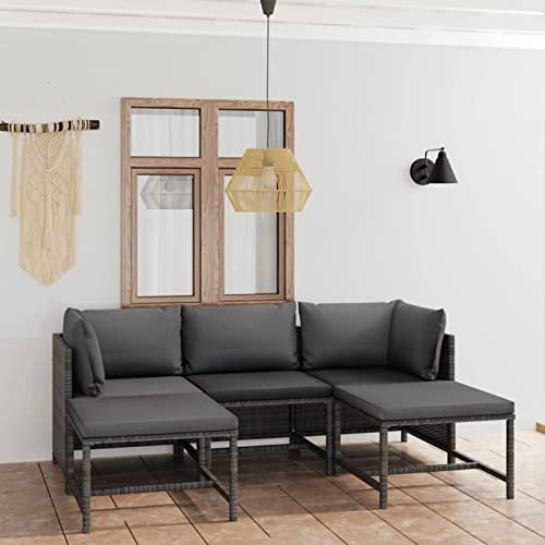 Homgoday Gartenmöbel Set 5-TLG. mit Kissen Gartensofa Balkonlounge Terrassensofa Rattansofa Garnitur Sitzgruppe Gartenset Sitzgarnitur Mittelsofa Ecksofa Poly Rattan Grau