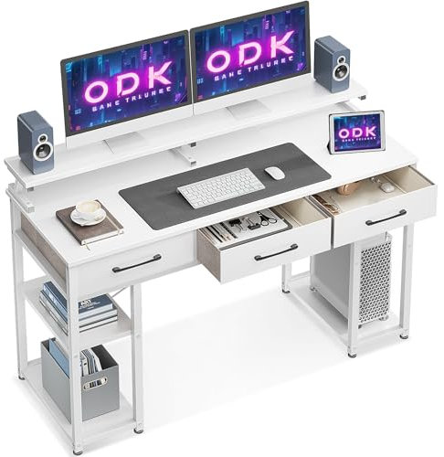 ODK Bureau avec 3 Tiroirs, Bureau Informatique avec Etagères de Rangement, Table d'ordinateur avec Support écran pour Domicile, Chambre, Salon (Blanc, 120x50x90cm)
