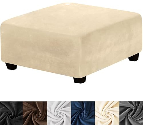 HFCNMY ottoman överdrag fyrkantig, stretch sammet fyrkantig ottoman skydd tjockt ottoman överdrag fyrkantig tvättbar förvaring ottoman skydd fot pall skydd med elastisk botten för vardagsrum beige