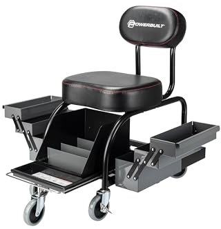 Powerbuilt Professioneller Mechaniker-Rollsitz, strapazierfähiger, gepolsterter Detailer-Sitz und Rückenlehne, verschiebbare Schubladen, Werkzeugablage, Dosenhalter, 10,2 cm Schwenkräder – 941929ECE
