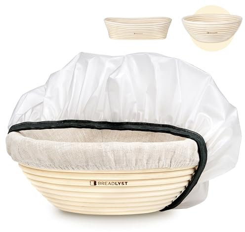 BREADLYST® Rattan Gärkörbchen Set – Gärkorb Rund 23 cm mit waschbarem Leinenbezug und Abdeckhaube – Perfekt zum Gären von Teig, Brotbackzubehör für selbstgebackenes Brot und passionierte Bäcker