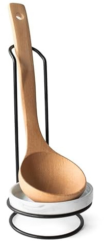 Sendez 3-teiliges Kochlöffelständer Set, Metallständer mit Porzellan-Schälchen & Holzlöffeln, Küchen Organizer, Löffelablage für Kochutensilien, modern & dekorativ – Maße 28×10 cm
