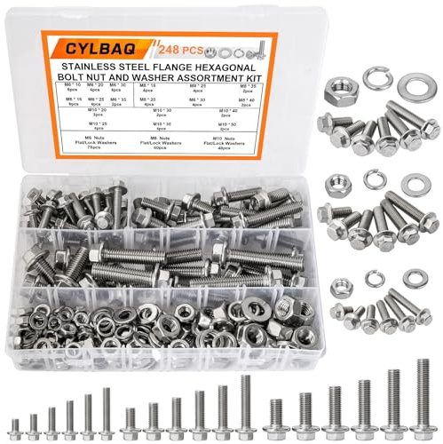 CYLBAQ 248-teiliges Set mit Flansch-Sechskantschrauben und Muttern, M6, M8, M10, Flansch, Sechskantschrauben, Muttern, 304 Edelstahl, Mutter und Unterlegscheiben, Sortimentsset, Set M6-1,0, M8-1,25,