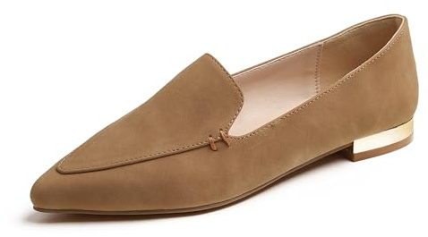 Feversole Women's Pointed Pumps, de Mujer I Flats Pisos de Mujer I Pisos Puntiagudos I Zapatos sin Cordones Bailarinas Tacones Piel Nobuk marrón Camel 38 EU