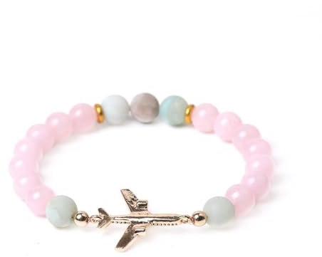 SMTSEC Rosenquarz Perlen Armbandfür Damen 8mm Naturstein Perlen Armband Flugzeug Charm Armband Unisex Modisches Stretch Armband Runde Perlen Yoga Armband