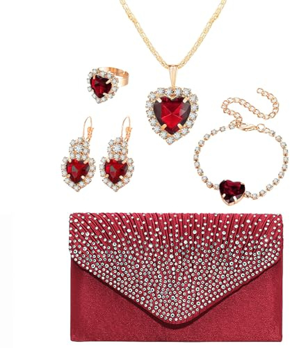 Jamron Damen 5 Stücke Herz Schmuck und Clutch Set für Hochzeit Prom Abend Party