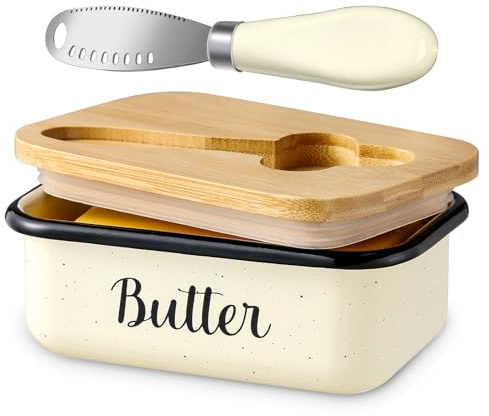 LANDNEOO Butter Dish with Lid and Butter Curler Knife, Unbreakable Metal Keeper Container Double Silicone Sealing, Speckled White, 6.2'L x 4.2' W x 2.2' H, 2 Sticks Capacity, Stainless Steel, Bamboo
