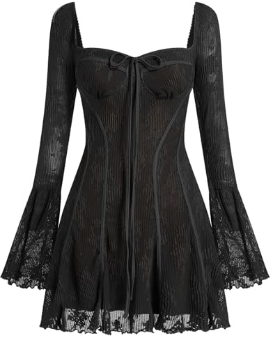 Odizli - Mini abito da donna elegante, autunnale, a manica lunga, con ricami in pizzo floreali, Y2K, con corsetto, adatto per le feste, Nero , M