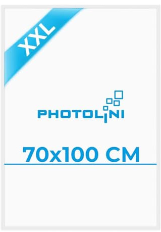 PHOTOLINI Bilderrahmen 70x100 Weiß, großer Bilderrahmen 70x100 Holz MDF, Poster Rahmen 100x70 XXL mit bruchsicherem Acrylglas zum Aufhängen & Zubehör - Picture Frame für Poster, Fotos & Puzzle