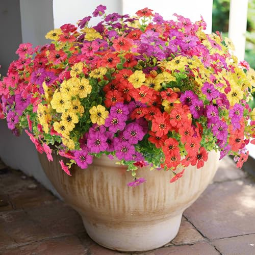 Rowfad 18 flores artificiales de plástico para exteriores, flores de primavera violetas para porche, ventana, caja de boda, día de San Valentín, decoración del hogar (18, rojo, morado, amarillo, rojo