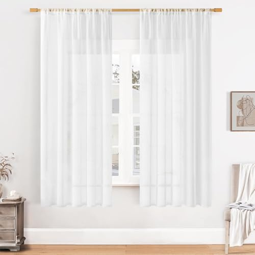 sinzau Gardine aus Voile, 120 X 140 cm, Transparente Gardine Polyester, Weiß Scheibengardine, mit Kräuselband, für Wohnzimmer Schlafzimmer, 2 Stücke