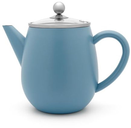 Bredemeijer Doppelwandige Teekanne 1.1 Liter - Blaue isolierende Edelstahl Kanne mit Glasdeckel & Tee-Filter-Sieb-Einsatz - für lose Teesorten