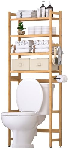 Yorbay 4-Ebenen Bambus WC Regal: 2 Körbe & Toilettenpapierhalter (Bambus) | Toilettenregal über die Toilette mit 4 Haken - Toiletten Regal mit Wasserdichten Fußpads für das Badezimmer