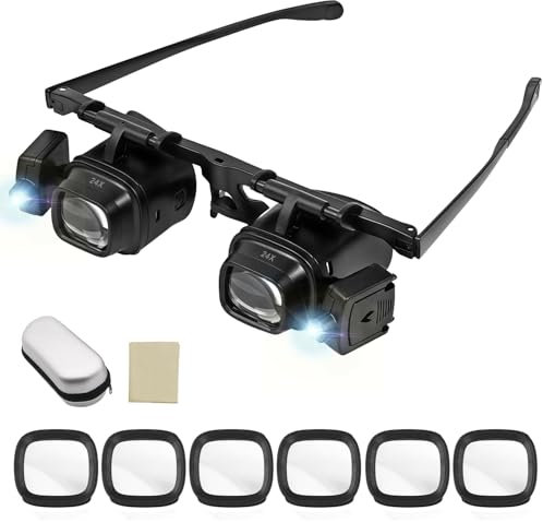 Aohcae Lupenbrille mit Licht, Vergrößerungsbrille mit 2 LED-Lichtern Kopflupe Wechselobjektiv 2.0X 6.0X 10.0X 24.0X, Stirnbandlupe Lupe, Uhrmacherlupe zum Lesen Juweliere Fischen älterer Menschen