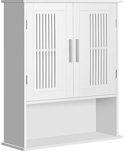 kleankin Armario de Pared para Baño Multiusos Mueble de Baño Suspendido Armario Colgante de Almacenamiento con 2 Puertas de Listones Estante Ajustable y Compartimento 60x20x70 cm Blanco