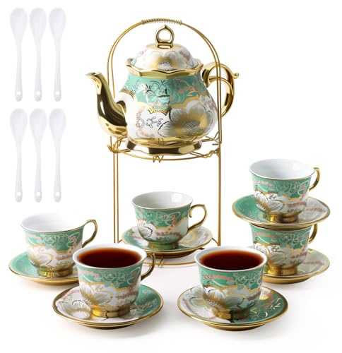 Porcelain Tea Cup and Saucer Set, 20Pcs Luxury Large Tea Sets, 220 ml Tea Coffee Cup, 1100ml Ceramic Teapot Set with Metal Holder,European Flower Tea Coffee Serving Sets for Wedding,Party,Wommen,Gift