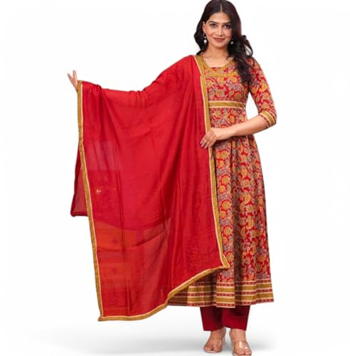 RangMahal Damen Baumwolle Full Flair Anarkali Kurti mit Hose & Dupatta Set, Rot/Ausflug, einfarbig (Getaway Solids), XXX-Large