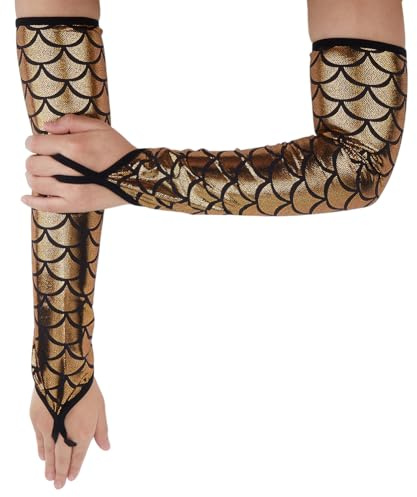 CABODYALS Goldene Fingerlose Handschuhe Metallisch Funkelnd Meerjungfrauen Handschuhe Lang Glitzernd Glänzend Fischschuppen Armstulpen Bühnenfäustlinge Großpackung Für Frauen Cosplay Kostüm Rave Party