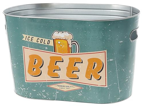 Bierkühler Eimer 'Cold Beer here' | 34x20cm Stahlblech | Bierkübel Retro-Design für Bierflaschen Getränkeflaschen (1 x Bierkühler 'Ice cold Beer')