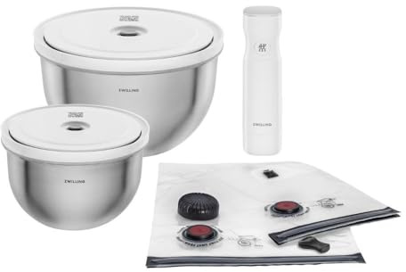 ZWILLING Fresh & Save Bowls Vakuum Starter Set 9-tlg, 2 Edelstahlschüsseln mit 2 Vakuumdeckel (18, 24 cm), 4 Beutel, Pumpe