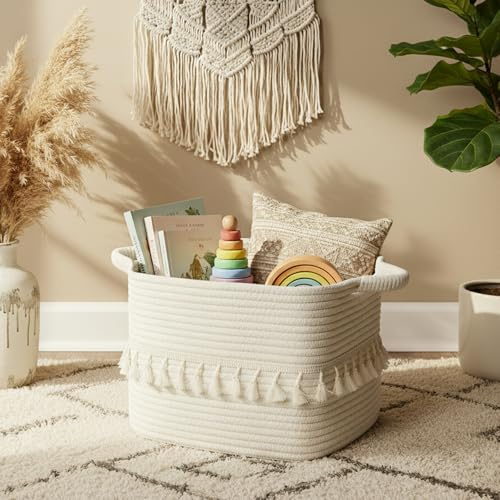 danpinera Cestini portaoggetti 38x25x22cm – Cesto intrecciato a mano con nappe, cesto per giocattoli, cesto in corda per soggiorno, organizer decorativo per cestini intrecciati bianchi
