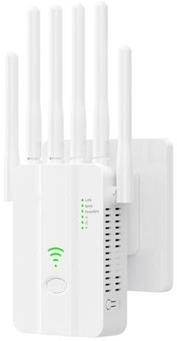 Repeteur WiFi Puissant, Amplificateur WiFi, Répéteur WiFi avec 6 Antennes, 2 Ports LAN, Modes (Répéteur, Routeur, AP), Couverture jusqu'à 3000 pi²