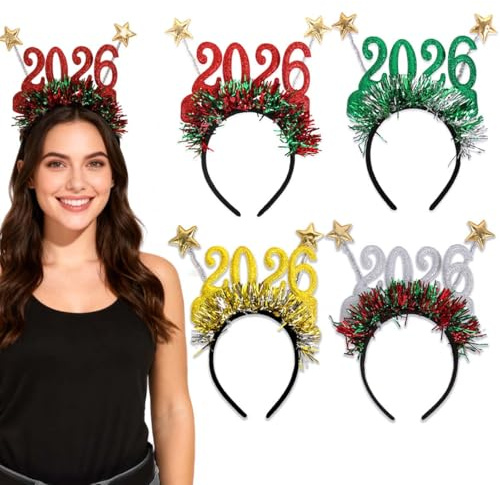 4 Stück Silvester Haarreifs, 2026 Happy New Year Haarreif, Silvester Haarreif Kopfbedeckung Neujahr Fotorequisiten, Neujahr Glitzer Haarband für Kinder Erwachsene Haarschmuck Party Kostüm Zubeh