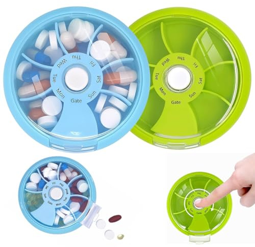 JYNXOR 2 Pcs Pillendose 7 Tage, Medikamentenbox, Rund Tablettenbox, Durch Drücken Aktivierte Automatische Drehung, Tragbare Pillendose Für Vitamin- Und Medikamente Aufbewahrung, (Blau+Grün)