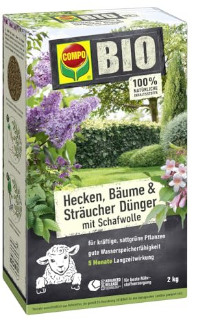 COMPO BIO Hecken, Bäume & Sträucher Dünger Schafwolle, Heckendünger, 2 kg | Organischer Langzeitdünger mit Schafwolle – bis zu 5 Monate Nährstoffversorgung und bessere Wasserspeicherung